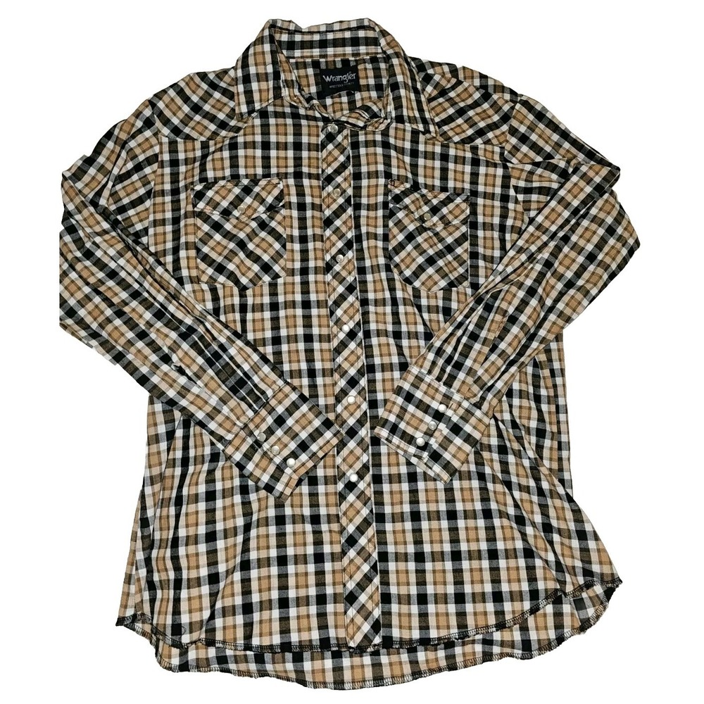 Wrangler Western Shirts Mens XL Brown Black Tan Plaid Pearl Snap Shirt Cowboy